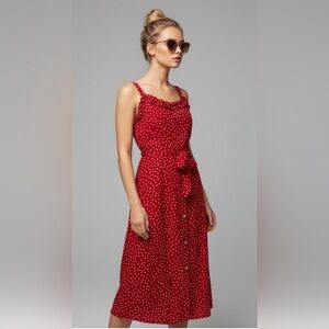 Shein Polka Dot Midi Dress Ruffle Trim Button Front Tie Waist‎ Red L